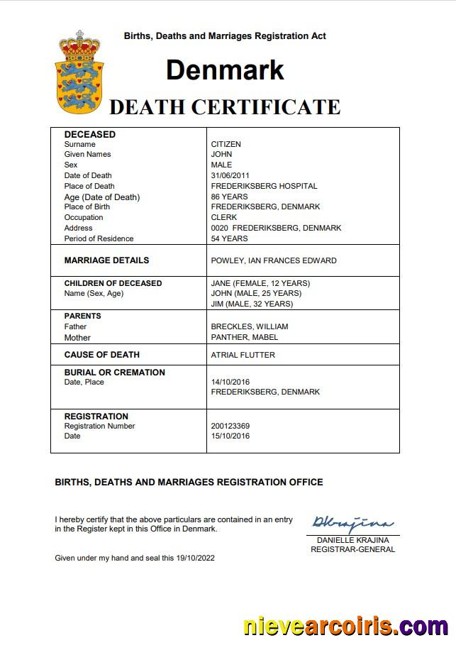 Denmark vital record death certificate